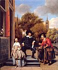 Delft Canvas Paintings - A Burgher of Delft and His Daughter